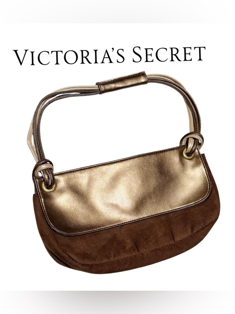 Y2K Victoria's Secret Metallic Gold and Brown Suede Shoulder Bag
